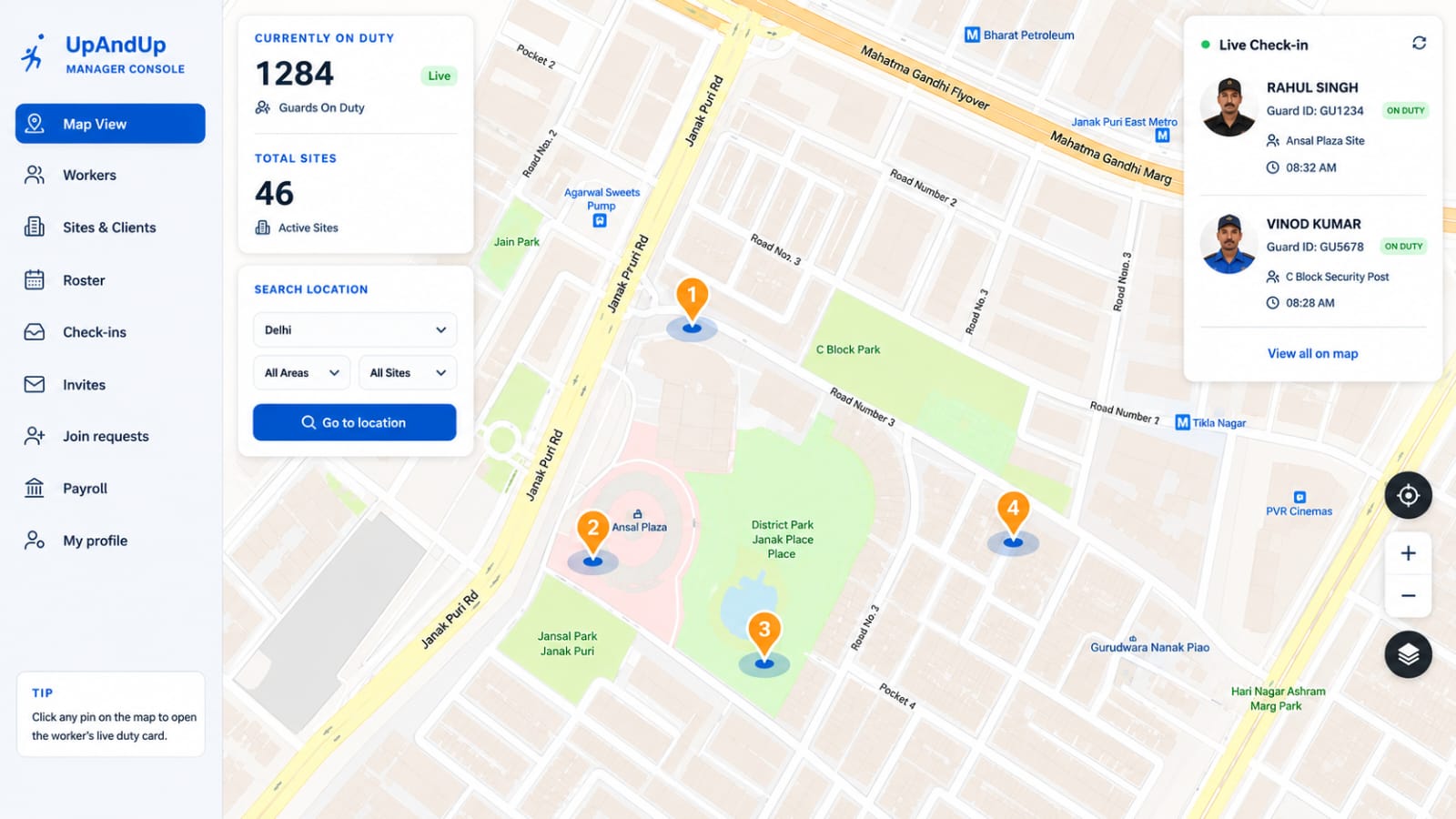 Live GPS map showing on-duty workers across sites